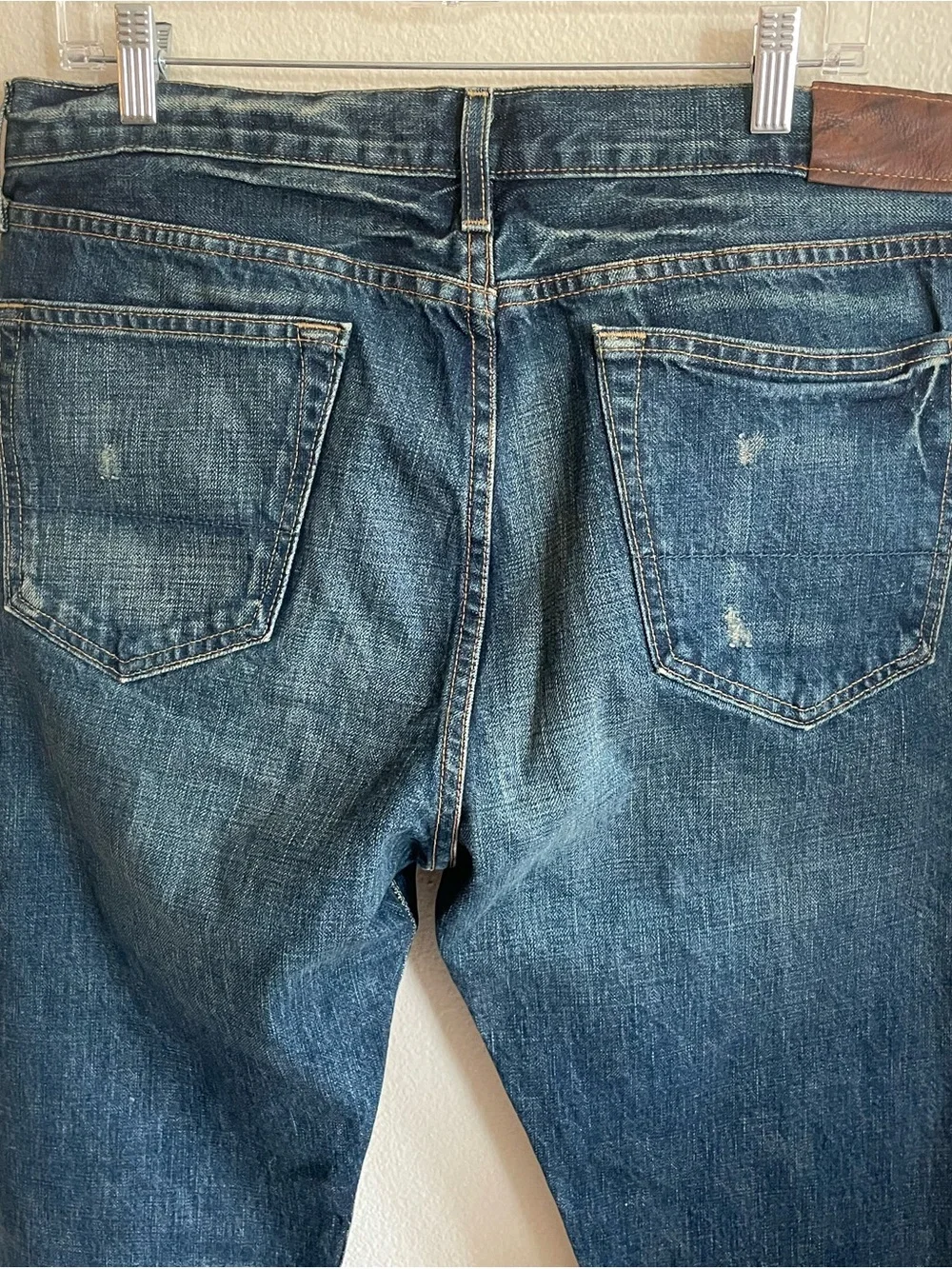 J. Crew Vintage Slim Fit button fly dark blue denim Jeans distressed vintage